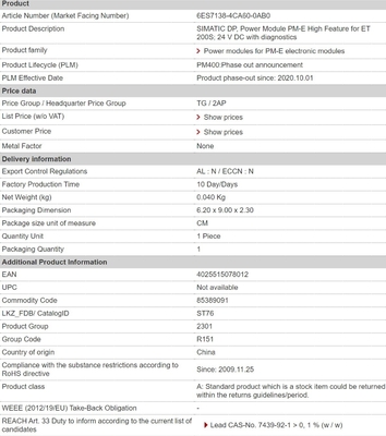 Prazo de pagamento T/T 6ES71384CA600AB0 Módulo de alimentação PM-E Característica elevada para ET 200S 24 V DC