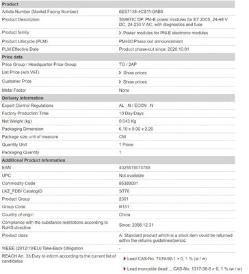 ET 200S 24-48V DC 24-230V AC PM-E módulos de alimentação com diagnóstico e fusível 6ES7138-4CB11-0AB0