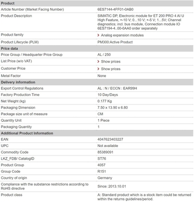 100% Original 6ES7144-4FF01-0AB0 ET 200 PRO 4 AI U Diagnóstico de canal de alta funcionalidade