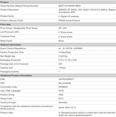6ES7143-5AH00-0BA0 DIQ 16x24 V DC/0,5 A IP67 Siemens ET 200AL Módulo de ligação com 1