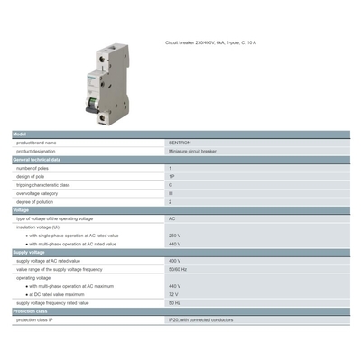 Siemens 5SN6110-7CN 230/400V 6kA 1-pólio C 10 A Interruptor de circuito peso líquido kg 0,261 Kg