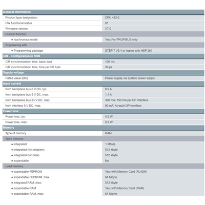 6ES7412-2XK07-0AB0 Embalagem original SIMATIC S7-400 CPU 412-2 com 1MB de memória de trabalho